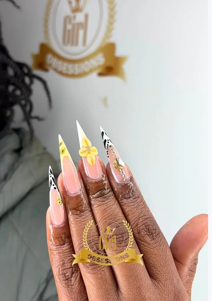 White and gold nail art with 3D flower